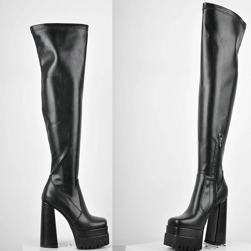 Over The Knee Boots Women Black Mate Thick Platform High Heels