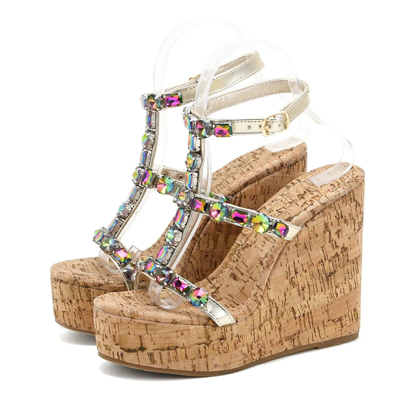 Fashion Wood Grain Platform Wedges High Heels Woman Sandals