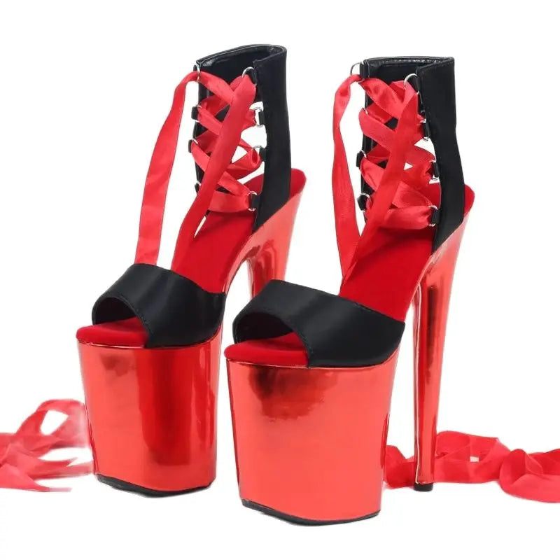 Women Sandals 20CM Spike Heels Cross-Strap Narrow Bands Red Mirror Color  Shoes