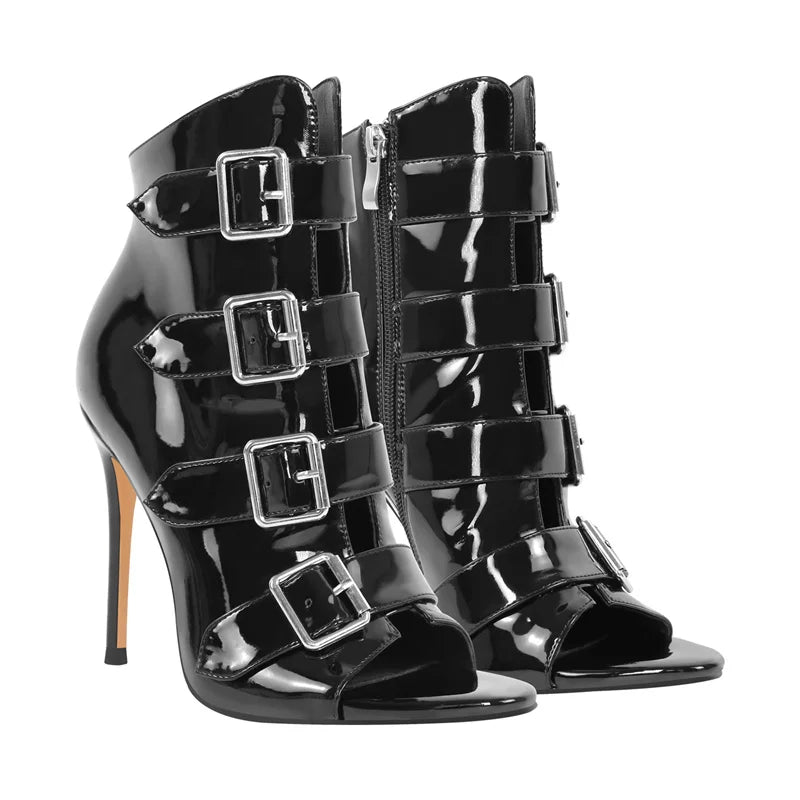 Black Patent Leather Peep Toe Buckle Strap Ankle Boots