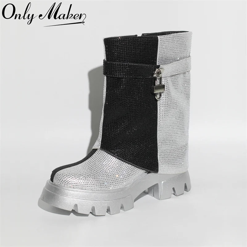 Fold Over Rhinestone Trim Boots Round Toe Handmade Female Side Zipper Mid-Calf Boots