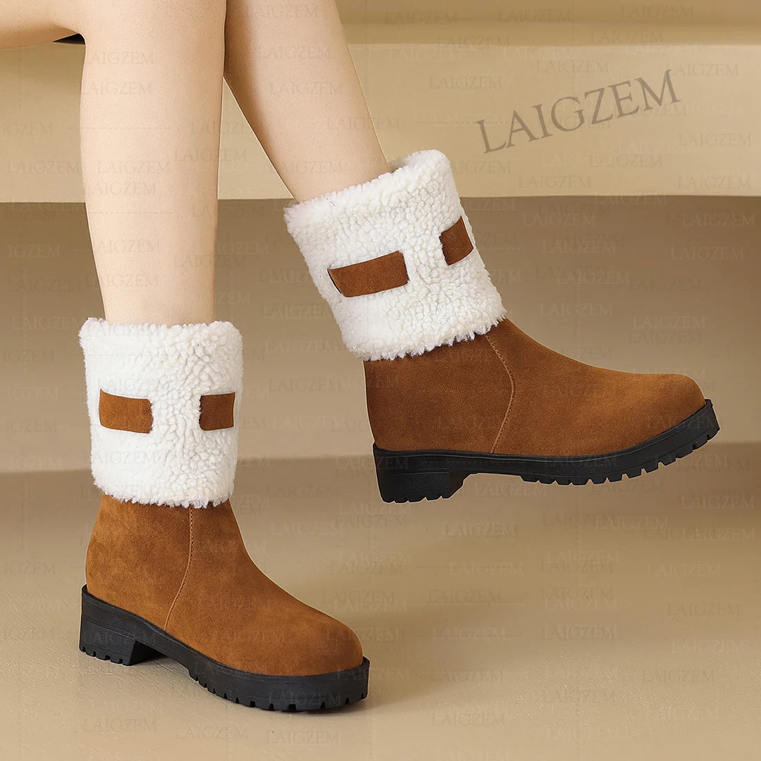 Faux Suede Round Toe 2CM Thick High Heels Winter Short Boots Handmade Shoes Woman