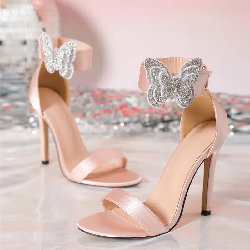 Elegant Party Wedding Shoes Ladies Crystal Butterfly Silk Ankle Strap Sandals Women