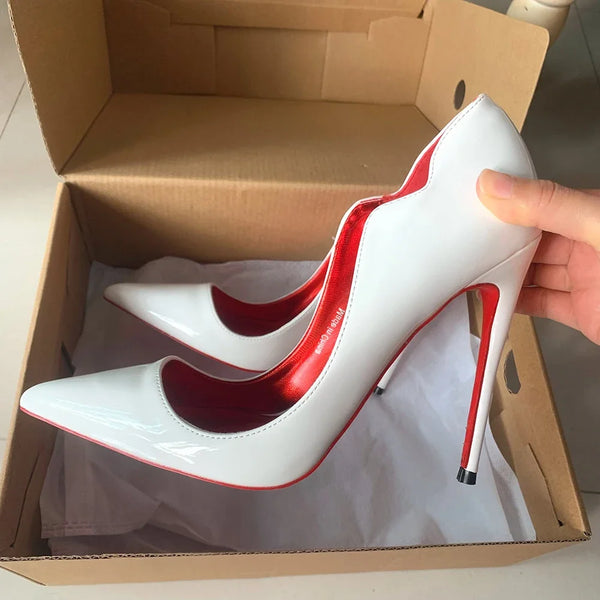 Women Sexy 12cm Pumps Stilettos Glossy Patent Red White Side V Cut High Heels