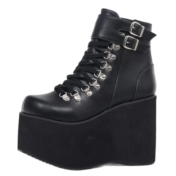 Women Ankle Boots 11CM High Wedge Heel Thick Platform Japanese style Shoes