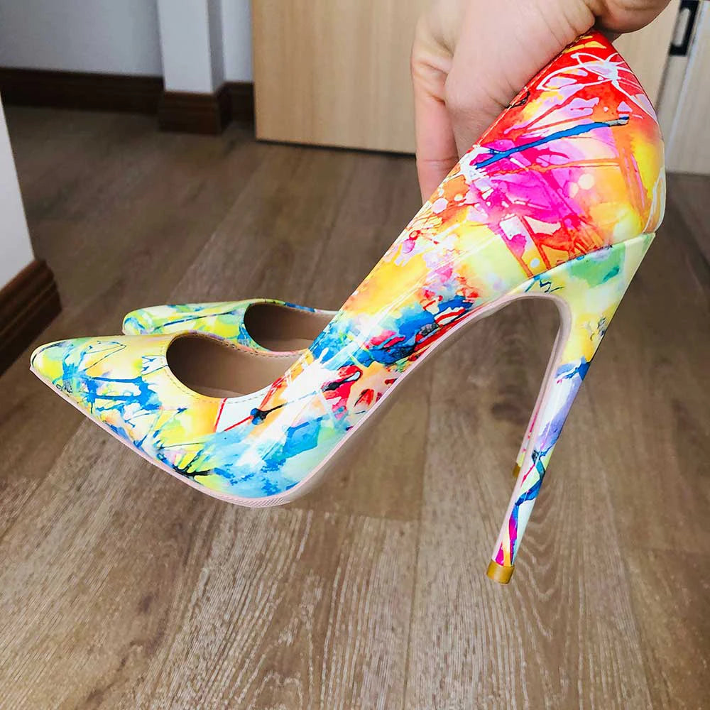 Women Gloossy Floral Printed Pointed Toe High Heels