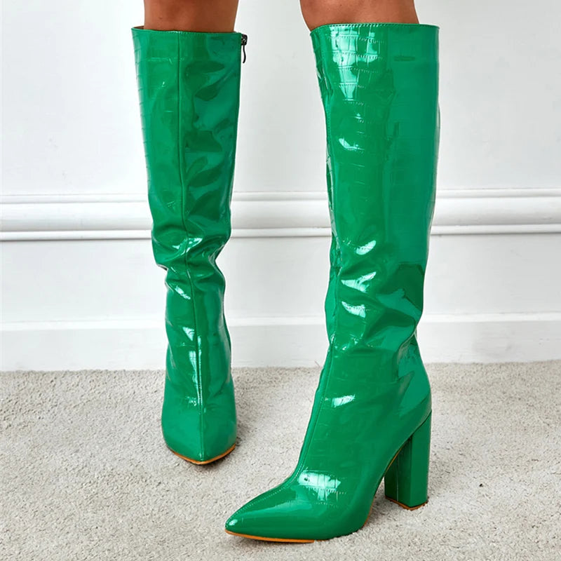 Sexy Green Snake Print Leather Knee High Boots Women Square Heels Winter Long Shoes