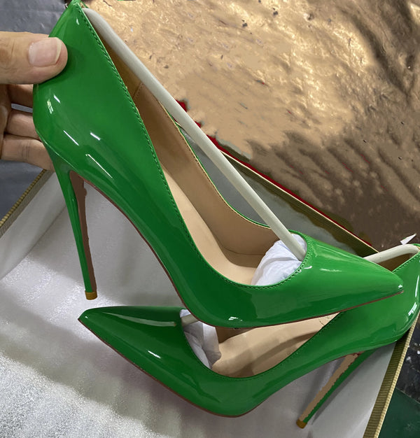 New women spring green leather shoes patent bright high heel pumps