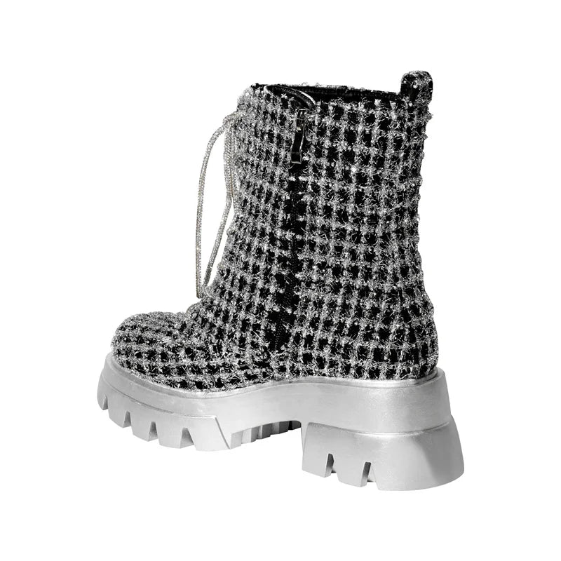 Sliver  Platform Ankle Boots Round Toe Handmade Female Lace UPBoots