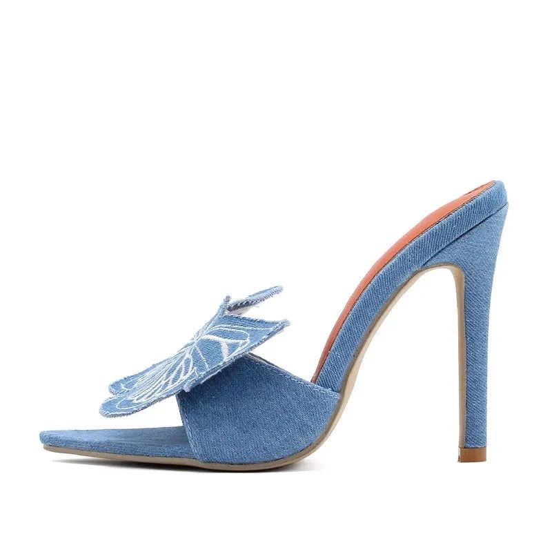 Fashion Blue Denim Big Butterfly Women's Thin High Heels Slippers Sandal