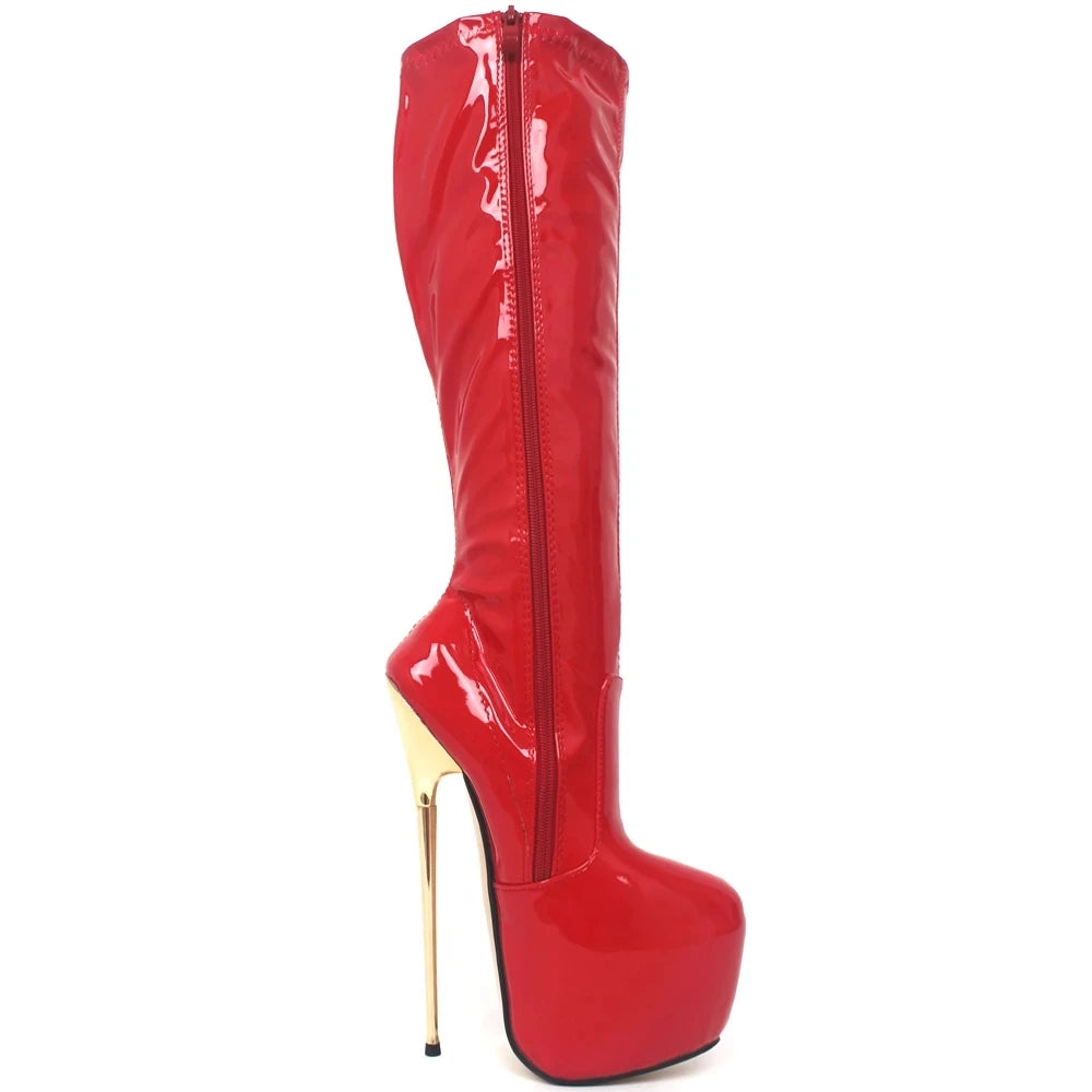 Knee-high Boots 22CM Super High Heel Platform Stiletto Solid Shiny Patent Leather Zip Women