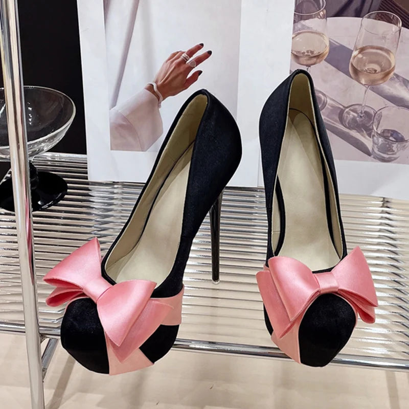 Fashion Design Bowknot Round Toe Platform Pumps Women Wedding Banquet Shoes