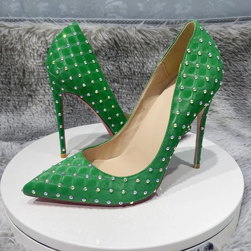 Rhinestones Women Green Flock Fabric Plaid Pointy Toe High Heel Shoes