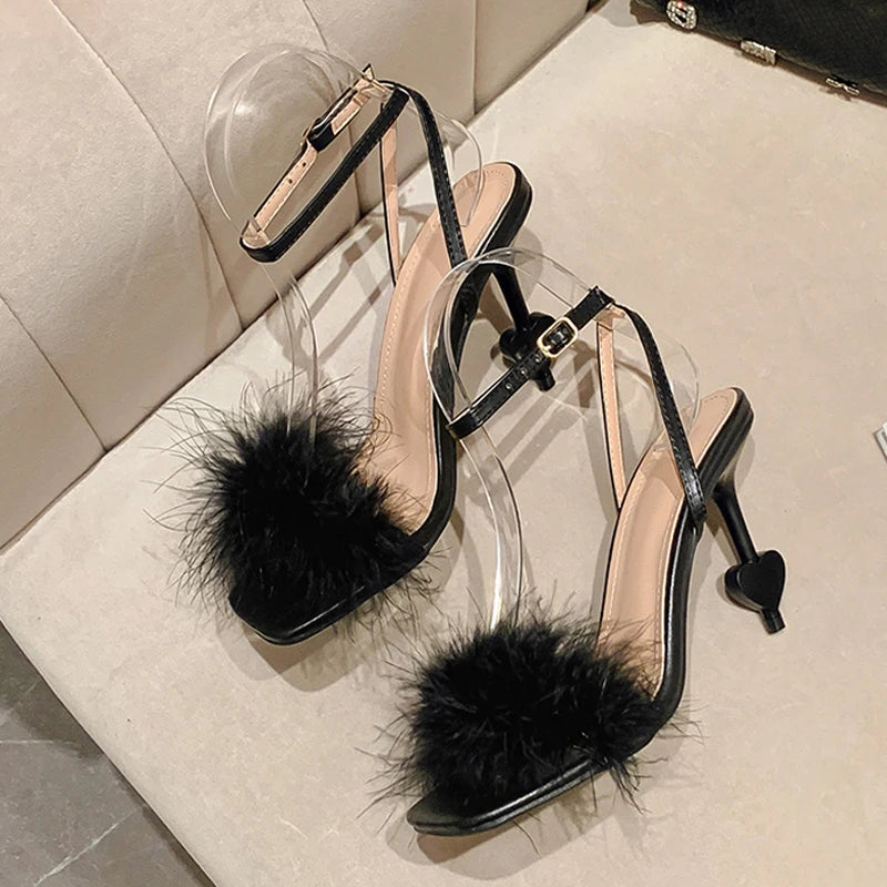 Sexy Ankle Strap Strange High Heels Fluffy Feather Women Sandals