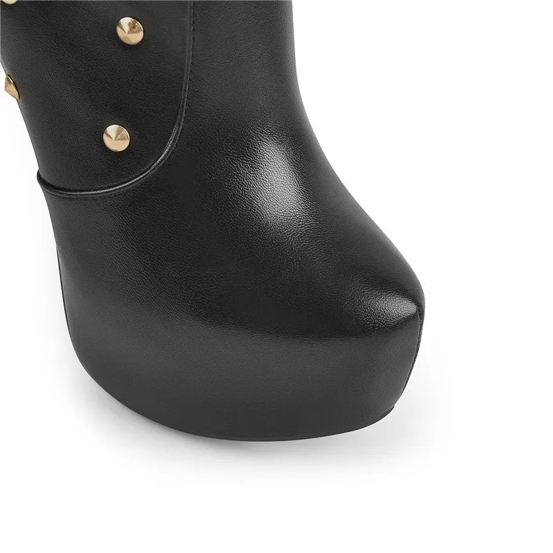 Platform Boots  Round Toe Stiletto Zipper Knee High High Heel Rivet Handmade Fashion Boots