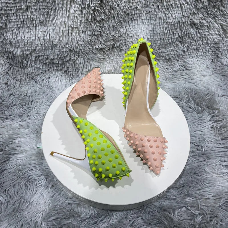 pink yellow spike stud open in the middle high heel women