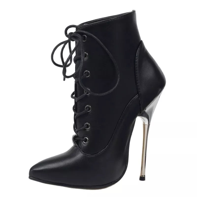 Sexy Ankle Boots For Women 14CM Extreme High Heel Cross-tied Pointed toe Fetish Shoes