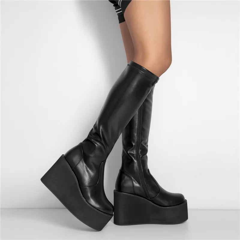 Platform Round Toe Wedges Boots Matte Black Knee High Zipper Big Size Fashion Boots