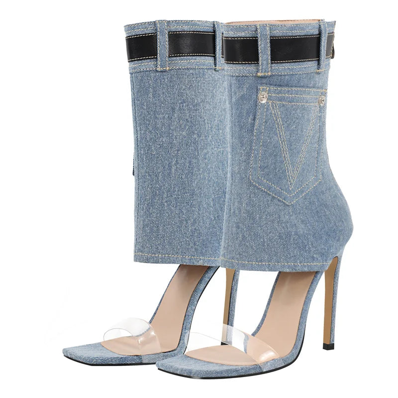 Women Summer Sandals Denim Square Toe Stiletto Ankle Elegant Big Size Female Sandals