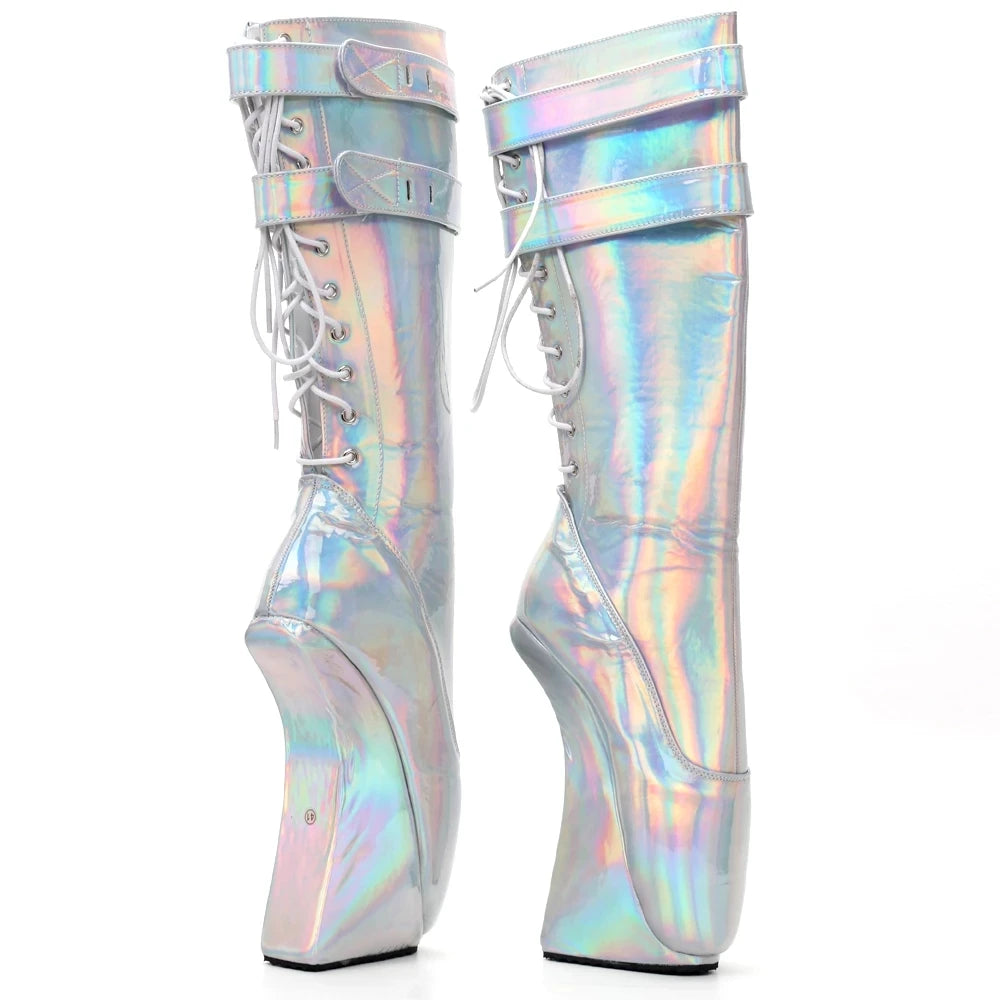 Ballet Boots 18CM High Hoof Heel Lockable Holographic Back Lace-up Women Knee-high Boots