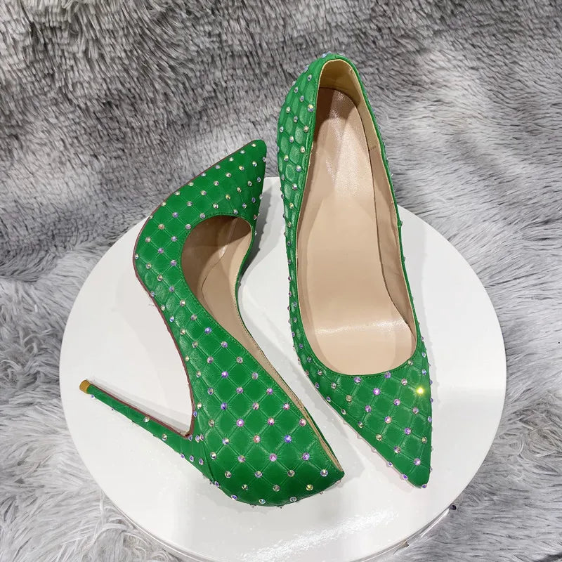 Rhinestones Women Green Flock Fabric Plaid Pointy Toe High Heel Shoes