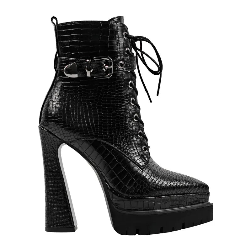 Women Black Booties Double Platform  Side Zipper Lace-up Fashion Ankle Boots