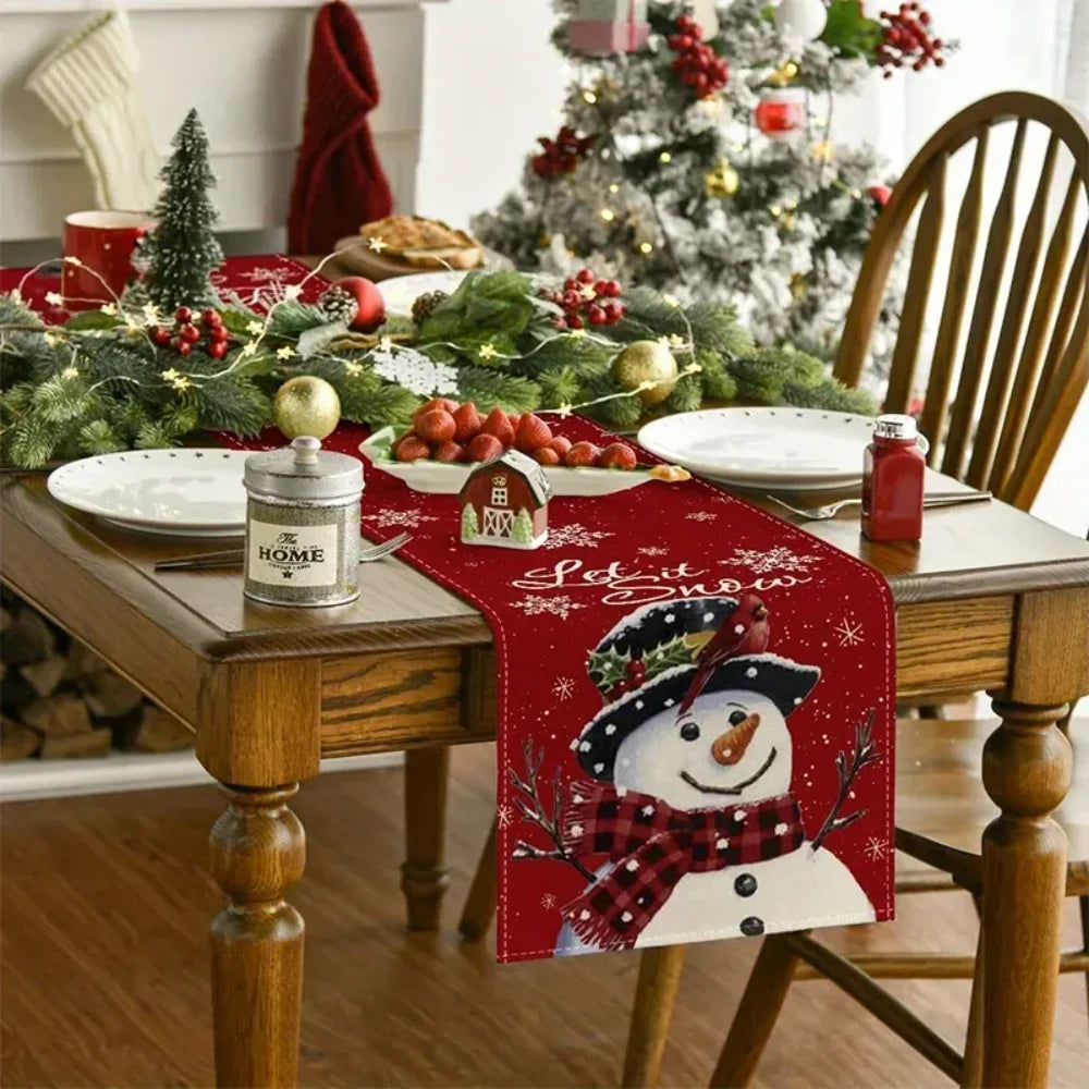 Linen Christmas Table Runner Snowman Xmas Tree Home Dining Table Cover