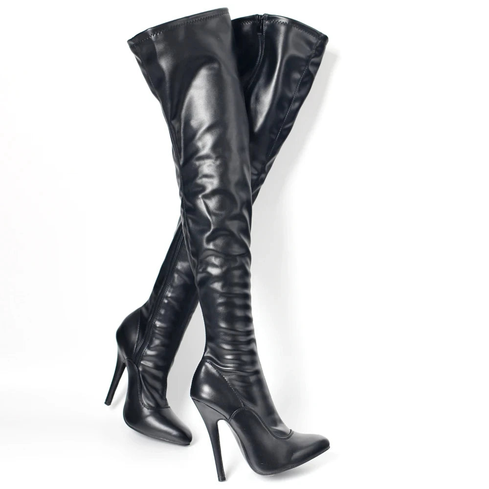 Vintage Winter 14CM High Thin Heel Poined-Toe Elastic Pu Leather Over-The-Knee Thigh Long Boots