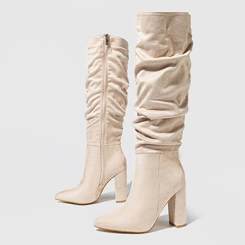 Fashion Design Pleated Knee High Boots Women Autumn Winter Square Heels