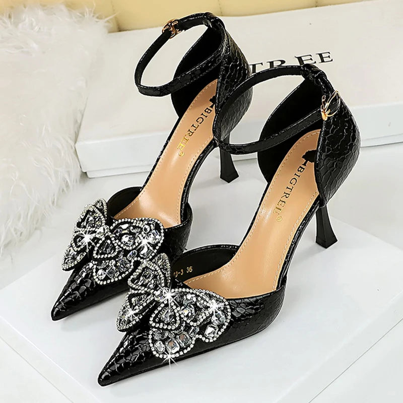 Luxury Kitten Heels Sandals Women Shoes Summer Women Pumps Rhinestone Bowknot Banquet Shoes