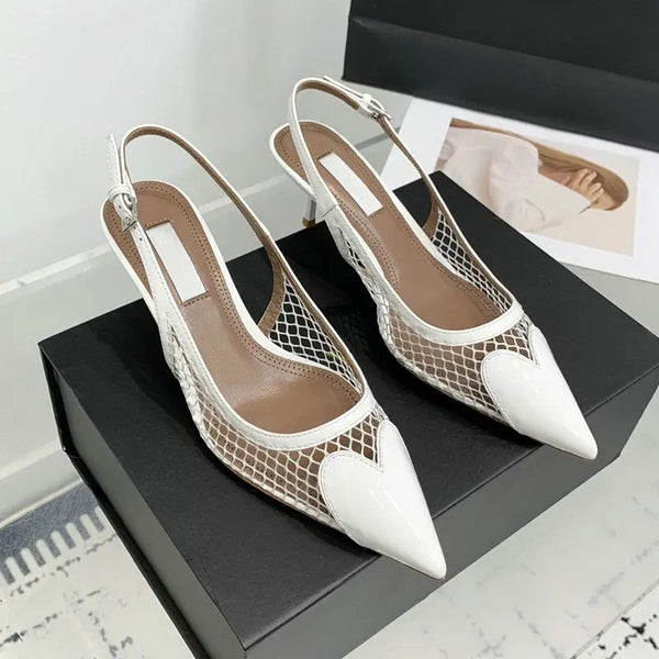 Summer New Temperament Love Pointy Mesh Splicing Patent Leather High Heel