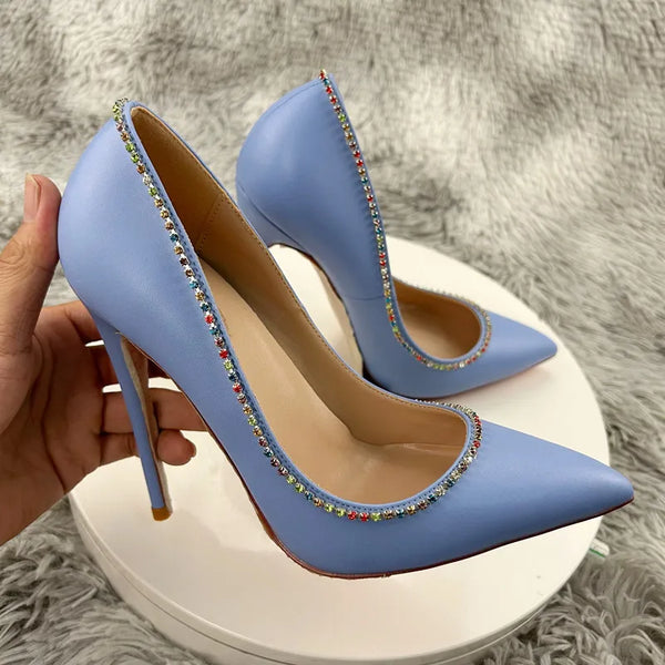 Spring Autumn Women New Pointed sky blue Shiny Diamond Shoes