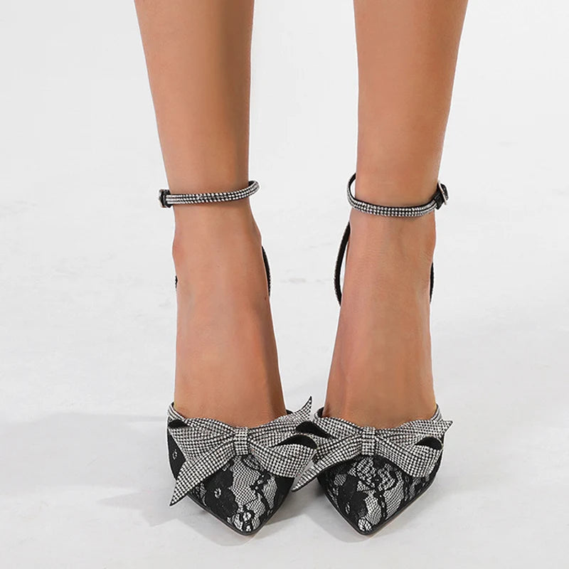 Sexy Pointed Toe Stiletto Sandals Fashion Crystal Rhinestone Bowknot High Heels