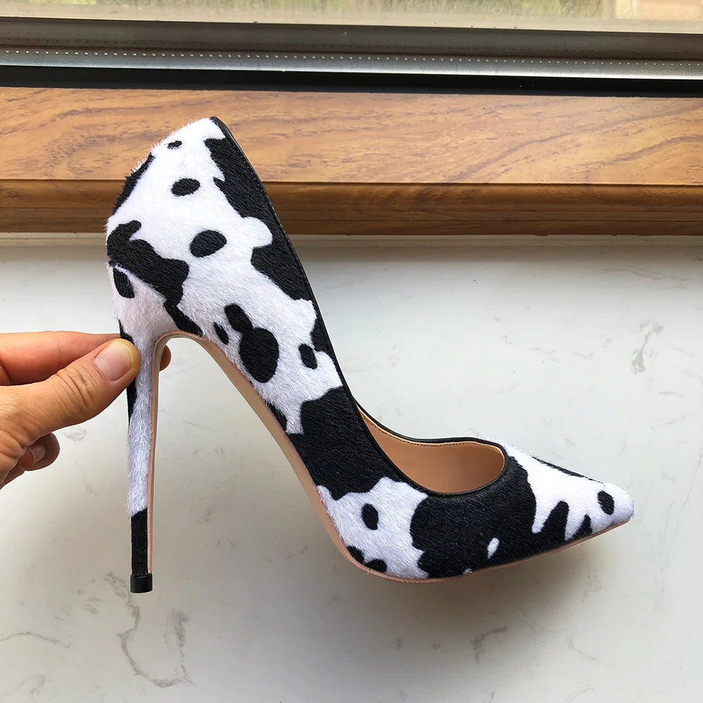 Cow Print Women White Hairy Flock Pointy Toe High Heel Shoes