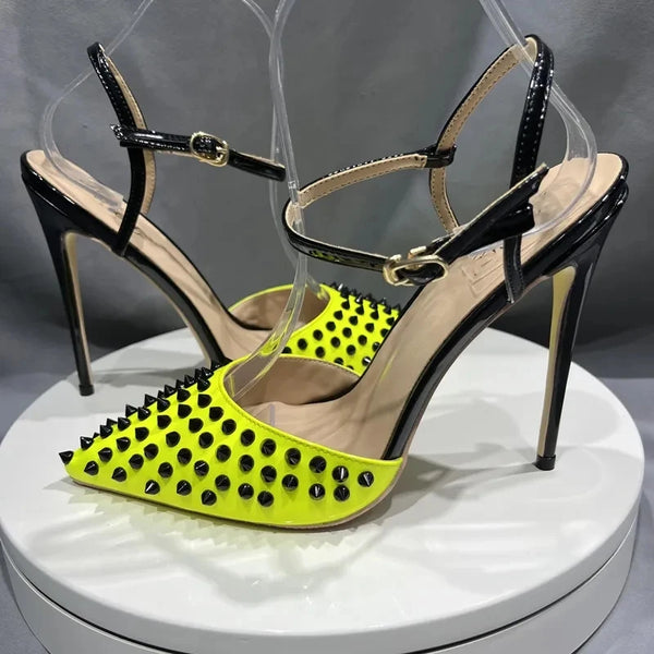 Black Spikes Lemon Green Women Sexy Ankle Strap Slingbacks High Heel Shoes