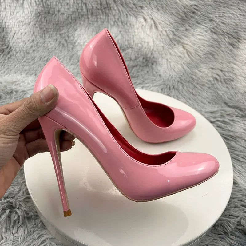 Glossy Pink Women Round Toe High Heel Shoes