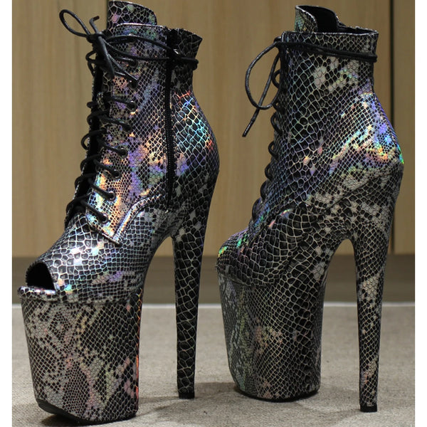 20CM High Heel With Platform Hologtaphic Serpentine Print Peep Toe Sexy Nightclub Ankle Boots