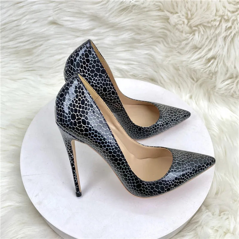 Geometry Pattern Print Women Black Patent Pointy Toe High Heel Celebrity Party Shoes