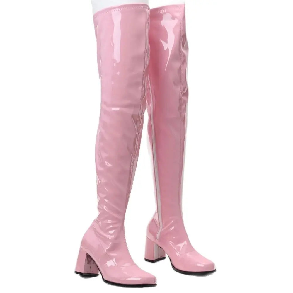 Retro Classic GO GO Shoes Thick Square High Heel  Round Toe Over-The-Knee  Cosplay Boots