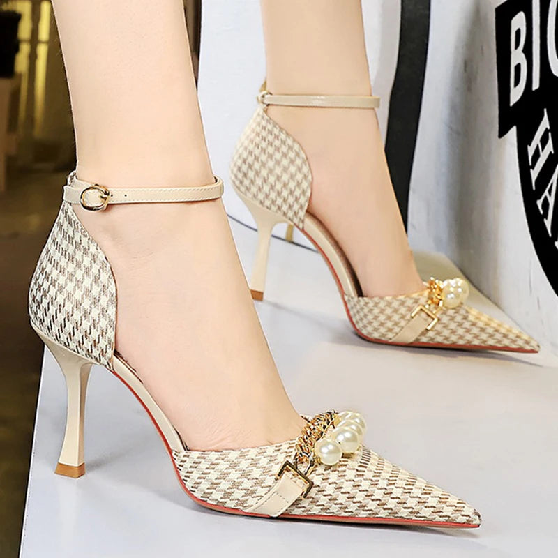 Checkered Pattern Women Sandals Pearl Metal Chain Kitten Heels Women Shoes