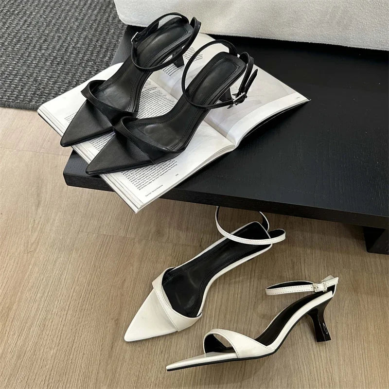 Fashion Women Sandals Thin Low Heels Buckle Strap Slingback Casual Pointed Toe Party Shoes