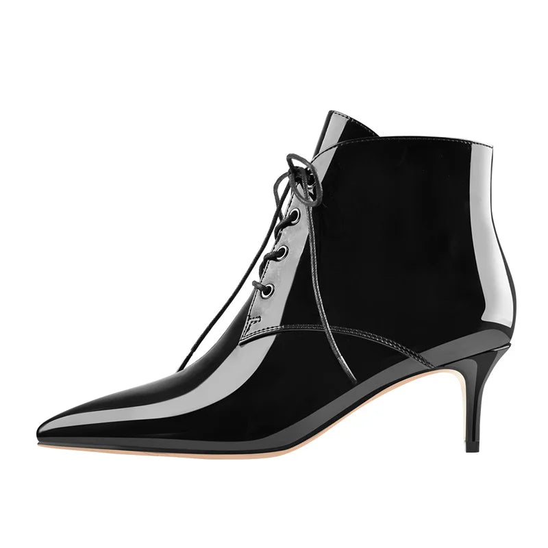 Black Patent Leather Pointed Toe Lace-up Kitten Low Heel Booties