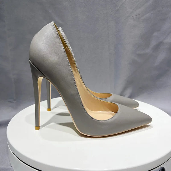 Grey Leather Soft Female Shoes 10Cm Pointy Toe Stiletto High Heel