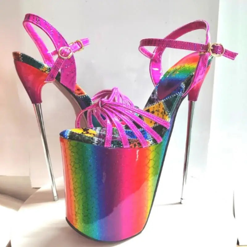 22cm Thin Heels Rhinestone Sandals Female Platform Printed Women's