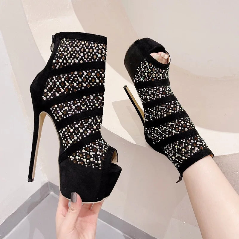 Sexy Hollow CRYSTAL Platform High Heels Boots Sandals Women