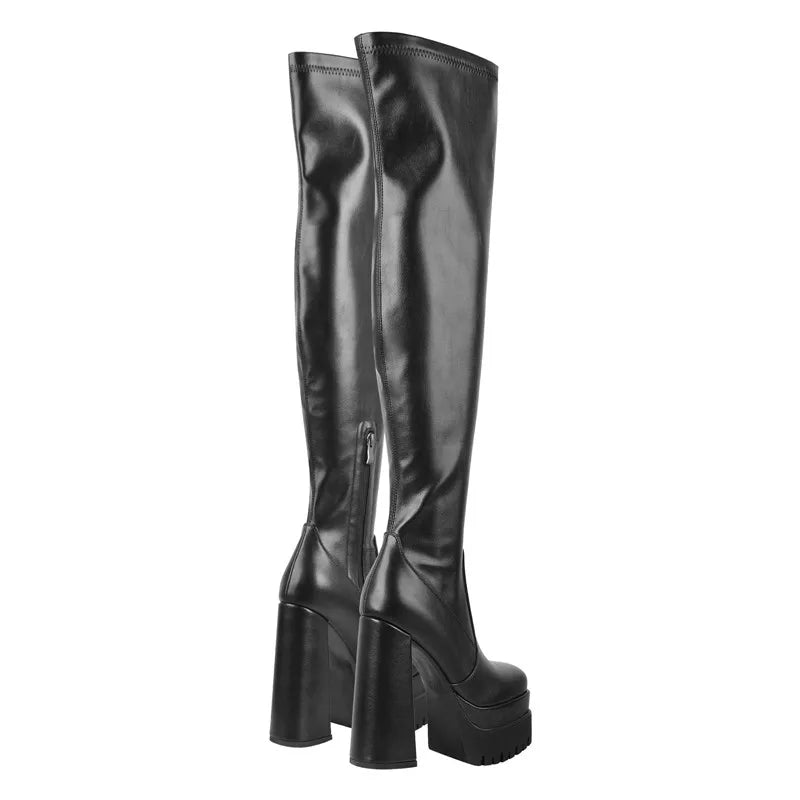 Over The Knee Boots Women Black Mate Thick Platform High Heels