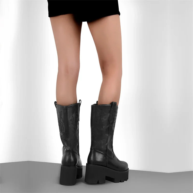 Platform  Mid Calf Boots Black Chunky High Heels  Big Size Lady Short Booties