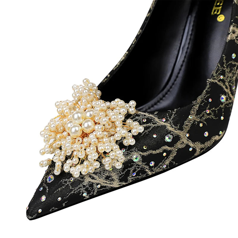 Rhinestones  Pumps Pearl Flowers High Heels Luxury Party Shoes Woman