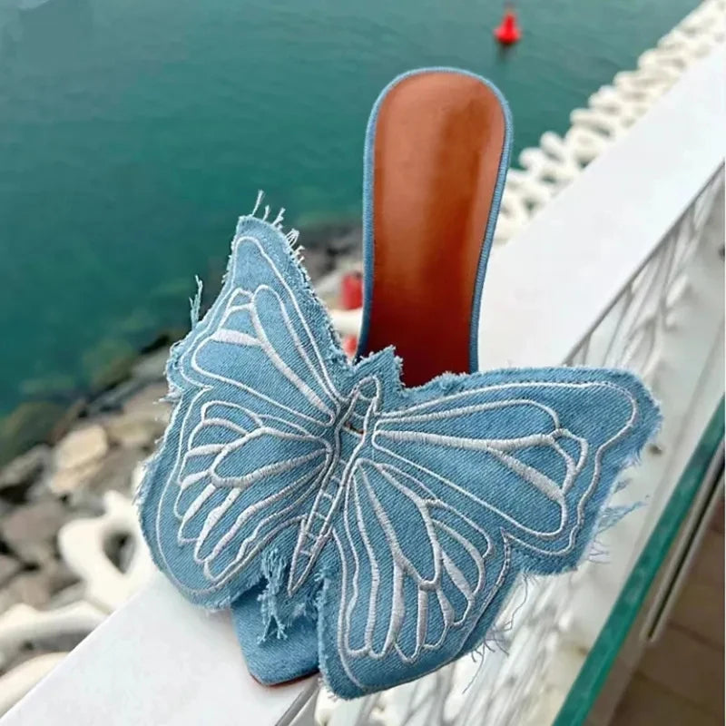 Fashion Blue Denim Big Butterfly Women's Thin High Heels Slippers Sandal