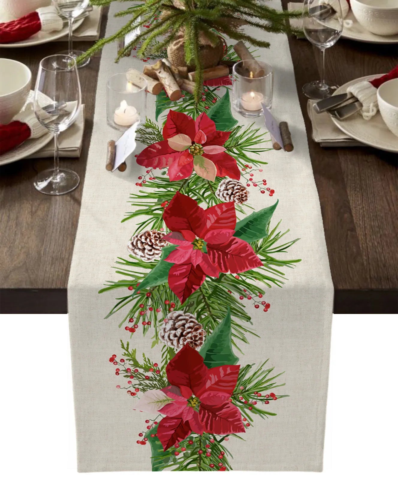 Christmas Poinsettia Flower Linen Table Runners